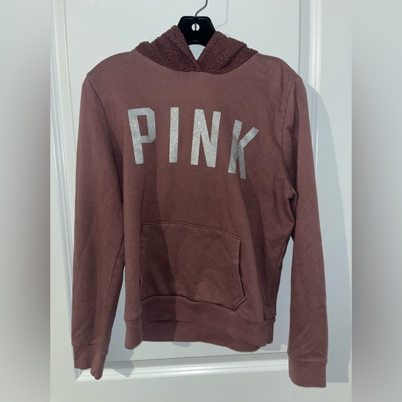 Victoria's Secret Tops - Victorias Secret Pink Medium Rose Pink Hoodie Sweatshirt Glitter Font Sherpa Top